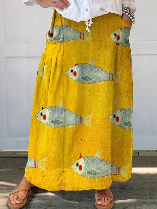 Elli | Falda de bolsillo con estampado vintage de pez artístico