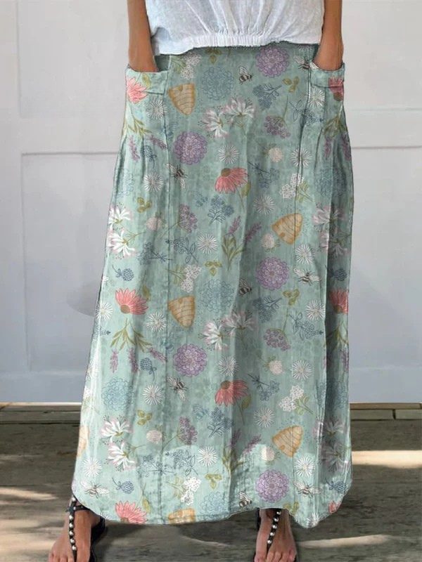 Daisy | Blooming Spring Floral And Bumble Bee Pattern Printed Pocket Skirt