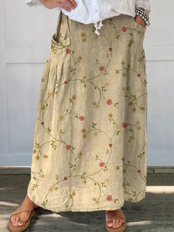 Shane | Falda con bolsillo, cintura elástica y arte floral retro