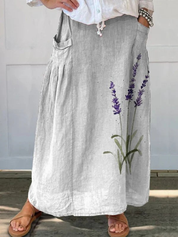 Marian | Falda con cintura elástica, bolsillos y estampado floral de lavanda en acuarela