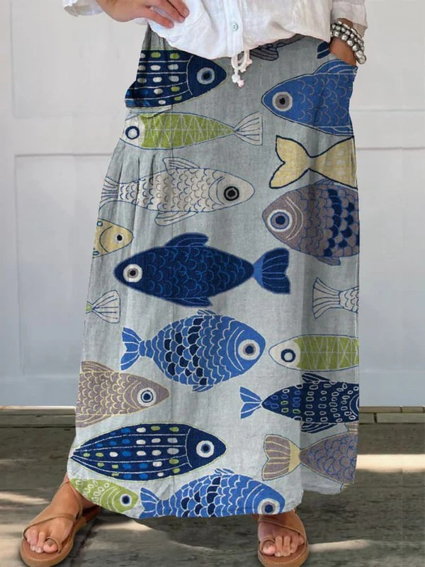 Trisia | Saia de Bolso com Estampa Vintage de Peixe Encantador