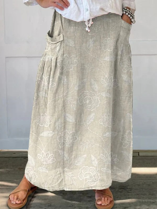 Dally | Falda con cintura elástica, bolsillos y arte floral vintage