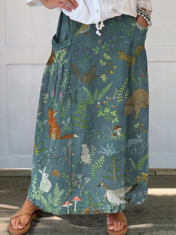 Rosil | Falda casual con bolsillo y arte retro de animales florales