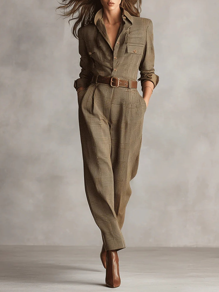 Rowena Brown Tweed Plaid Utility Jumpsuit | Timeless Brown Tweed Plaid Utility Jumpsuit