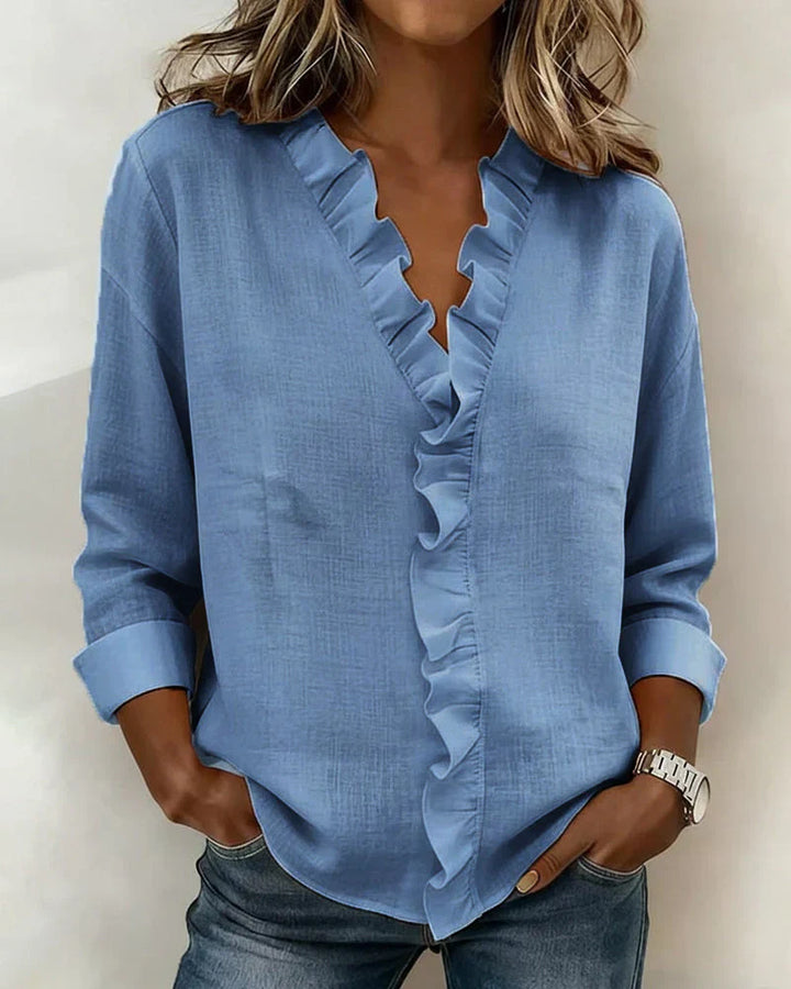 Susan | Blusa com babados, decote em V e mangas longas