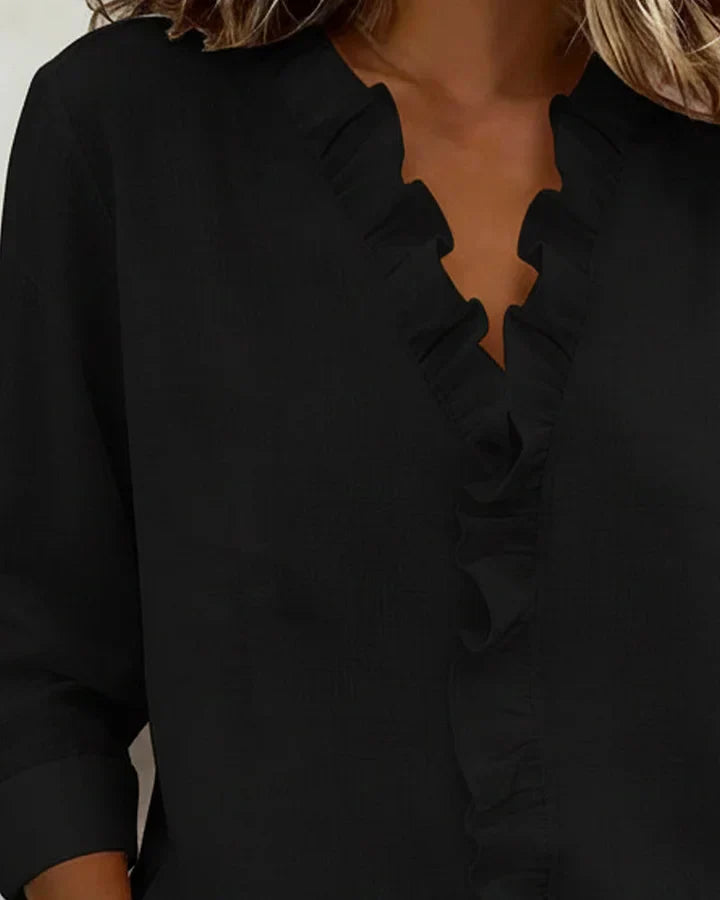 Susan | Blusa com babados, decote em V e mangas longas