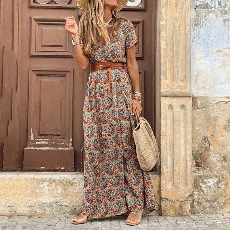 Maxi dress in Boho style with paisley pattern and belt