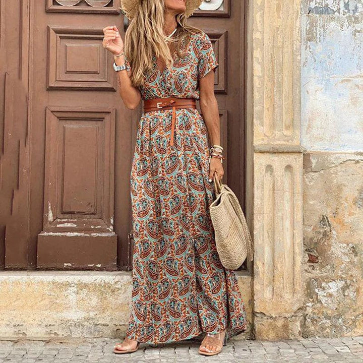 Maxi dress in Boho style with paisley pattern and belt