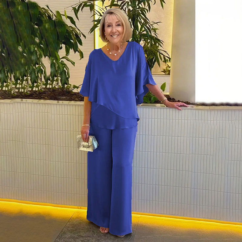 Sarina Elegant Two-Piece Set | V-Neck Top and Relaxed Trousers