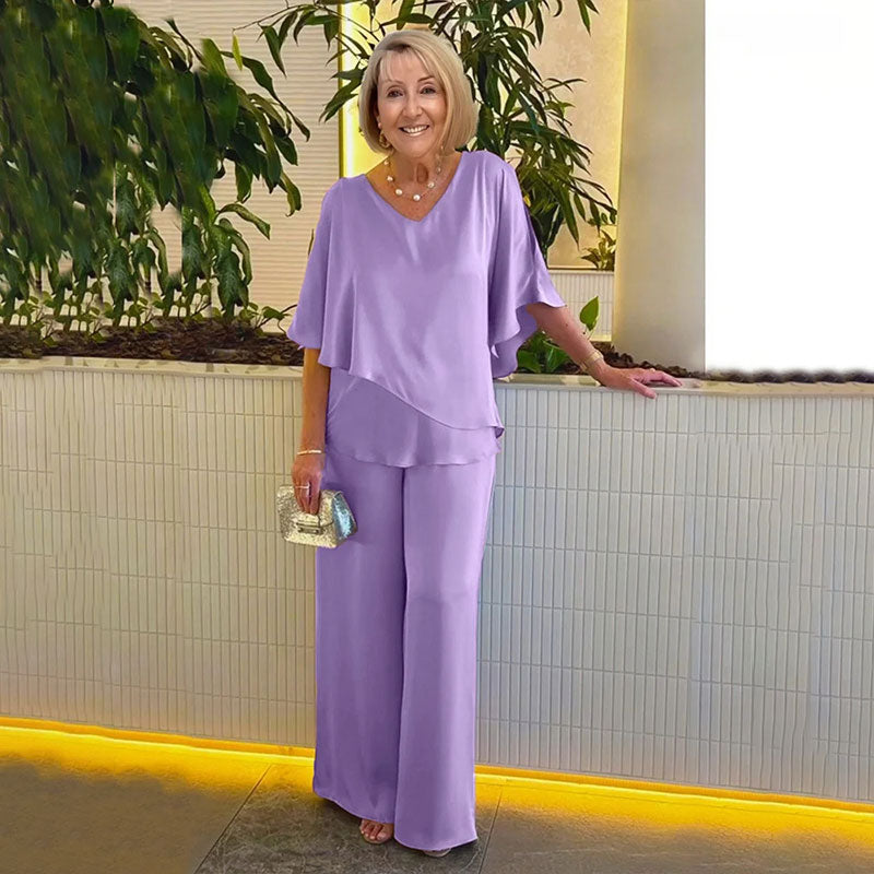 Sarina Elegant Two-Piece Set | V-Neck Top and Relaxed Trousers