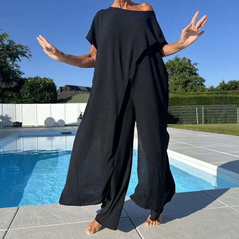 Conjunto elegante de dos piezas Gabbie con hombros descubiertos | Top holgado y pantalones de pierna ancha