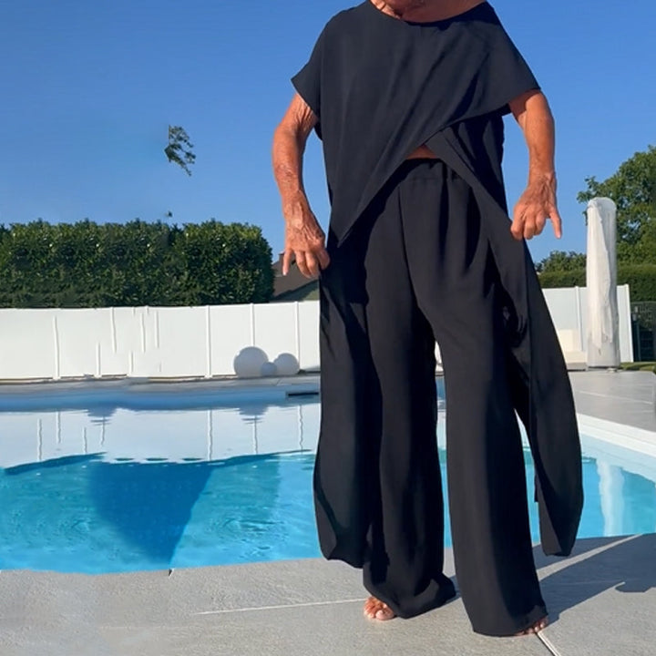 Conjunto elegante de dos piezas Gabbie con hombros descubiertos | Top holgado y pantalones de pierna ancha