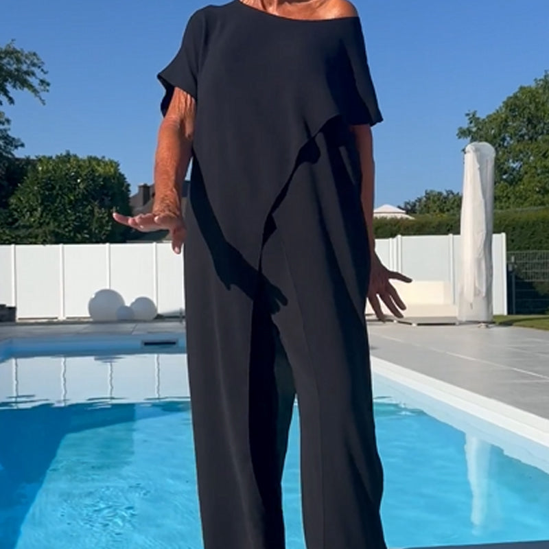 Conjunto elegante de dos piezas Gabbie con hombros descubiertos | Top holgado y pantalones de pierna ancha