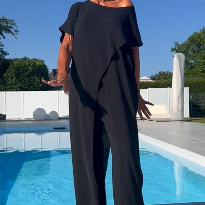 Conjunto elegante de dos piezas Gabbie con hombros descubiertos | Top holgado y pantalones de pierna ancha