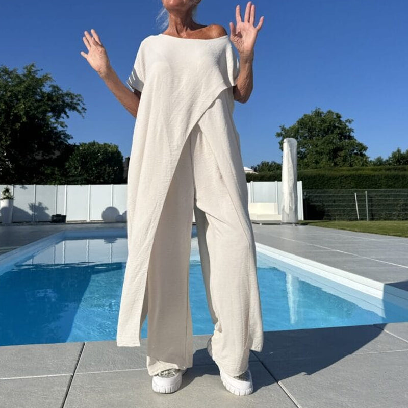 Conjunto elegante de dos piezas Gabbie con hombros descubiertos | Top holgado y pantalones de pierna ancha