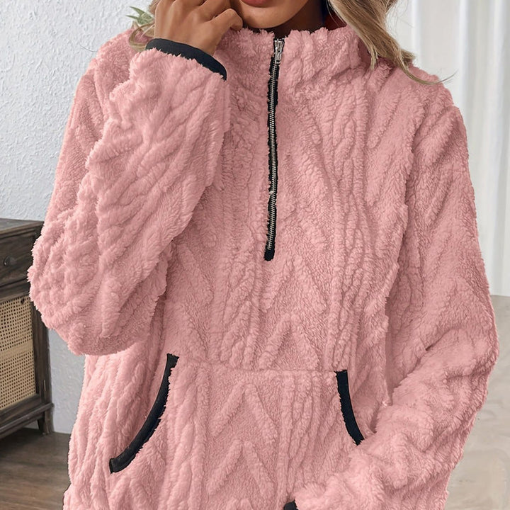 Harper | Sudadera rosa con media cremallera y bolsillos, peluda